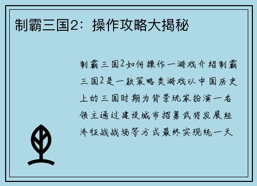 制霸三国2：操作攻略大揭秘